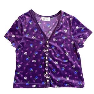 Vintage Velour Floral Crop Top With Rosettes And Pearls - Fits XS